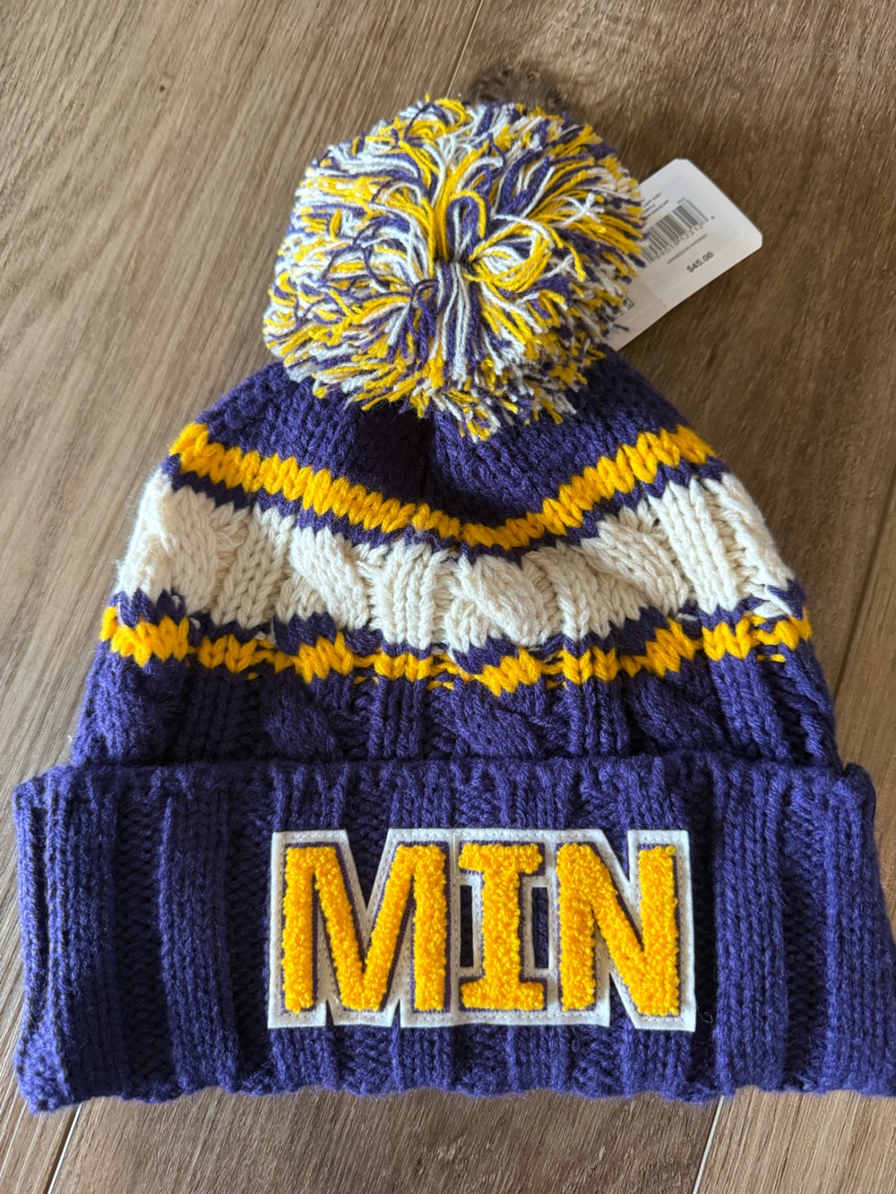 NFL Purple, Gold & White Pom Cuffed Beanie - MIN Patch